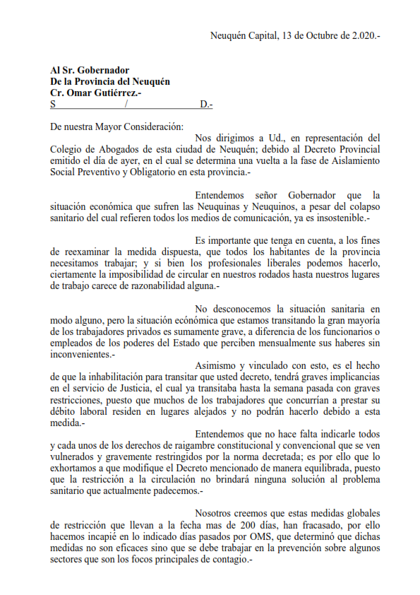 Nota presentada al Gobernador - Colegio de Abogados y Procuradores de  Neuquén